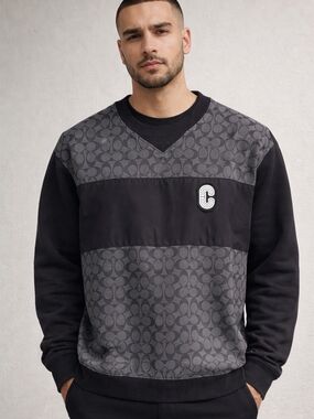 COACH MEN'S GRAY BLACK MIXED MEDIA ALL OVER LOGO SWEATSHIRT SIZE L
